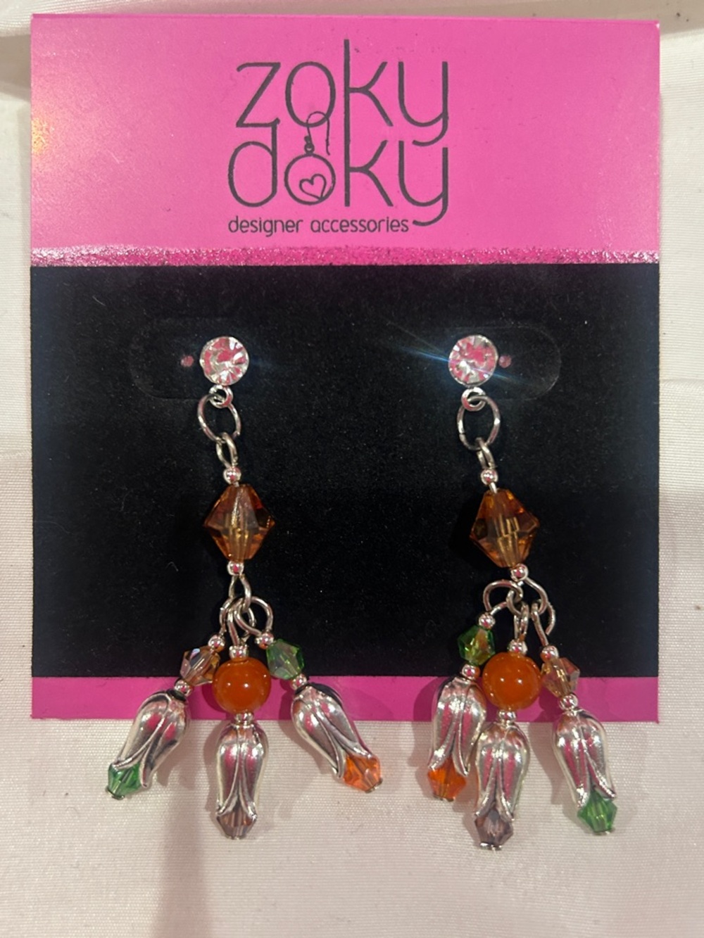 Orange, Topaz & Green Beaded Tulip Dangle Earrings-NWT